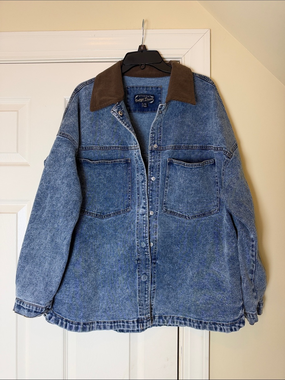 NWOT Stoosh Vintage Denim Oversized Jacket with Brown Corduroy Collar size Large